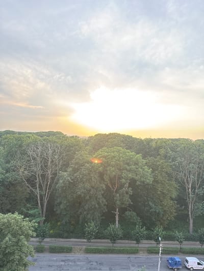 This is a vertical, aerial photograph taken in Kolomyia, Ukraine, during what appears to be sunset due to the warm, golden glow in the sky and the low angle of the sun. The image captures a transition between sky and landscape, with a dramatic interplay of light and shadow.
On the left side of the frame, a soft, luminous sky dominates, filled with wispy, light-colored clouds that are illuminated by the setting sun. The sun itself is partially obscured by clouds, creating a bright, hazy area that casts a warm, yellow-orange light across the sky.
The right side of the image features a dense, green forest that stretches from the foreground towards the horizon. The trees are lush and varied in species, with some older, bare-branched trees interspersed among the vibrant foliage. A distinct lens flare from the sun is visible as a small, bright orange dot just above the tree line.
Below the forest, a paved road runs parallel to a neatly trimmed green hedge. A lamppost stands beside the road. On the road, two vehicles are visible: a white van with red accents and some visible text on its side, and a blue cart or trailer. The road surface shows signs of wear and tear. The scene suggests an urban or suburban edge bordering a natural area. The overall mood is tranquil, with the soft light and natural elements creating a peaceful atmosphere.