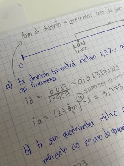 A close-up, angled photograph captures a page from a white, blue-lined grid notebook containing handwritten Portuguese text and mathematical equations. The writing is primarily in blue ink, with some numerical calculations and annotations in a lighter gray ink. The content focuses on financial mathematics, specifically dealing with discount and interest rates.
Visible elements include:
* A heading in gray ink: "Taxa de desconto e queremos uma do juro" (Discount rate and we want one of the interest).
* A timeline diagram drawn in blue ink, featuring a horizontal line with vertical markers labeled "0" and "1 ano / 12 meses" (1 year / 12 months), and a curved arrow indicating a period.
* Problem "a)" with blue ink text: "tx desconto trimestral / op. financeira" (quarterly discount rate / financial operation).
* Equations in gray ink: "id = 0,013 / 1-0,013 = 0,013171225" and "ia = (1 + dm)^4 - 1 = 5,373", with a small circled "4" and an annotation "-> para ser 12 meses" (to be 12 months).
* Problem "b)" in blue ink text, partially visible: "tx juro quadrinestral / efetivo 2 / referente oo 2º ano do quad..." (quadrennial interest rate / effective 2 / referring to the 2nd year of the quad...).
The page is resting on a light-colored, flat surface, possibly a desk, with a faint white object visible in the upper left corner, potentially another sheet of paper or a part of the notebook binding. No individuals are present in the image. The image itself does not contain any visual information to determine the specific city of Covilhã, Portugal.
