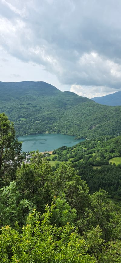 The image presents a wide, expansive natural landscape captured from an elevated viewpoint, looking down into a valley. In the immediate foreground, dense, vibrant green foliage and tree branches frame the bottom and right sides of the shot, indicating the photographer's position on a forested ridge.
The central feature of the scene is a calm, teal-colored body of water, likely a lake or a wide river, winding through the valley. Its surface appears tranquil, reflecting the diffused light from the sky. Along the far bank of the water, a narrow strip of land is visible, hosting a road and a small cluster of buildings that suggest a village or settlement. This area is flanked by gently sloping hills and fields, also covered in lush green vegetation.
To the left, a majestic, tree-covered mountain slope descends into the valley, its vast expanse dominated by dense forest. Further in the background, another layer of mountains rises, appearing hazier and bluer due to distance, with soft, white and light grey clouds partially obscuring their peaks. The sky above is largely overcast with scattered clouds, indicating a cloudy or partly cloudy daytime.
The overall impression is one of serene natural beauty, characterized by abundant greenery, mountainous terrain, and still waters. The scene reflects a peaceful environment, consistent with the mountainous regions of Sahún, Spain. No specific activity or visible text is present.