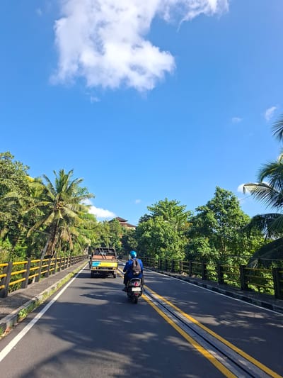 An eye-level, medium shot captures a sunny day on a road that appears to be in or near Banjarangkan, Indonesia, given the presence of lush tropical foliage. The road is paved with asphalt and marked with two yellow lines down the center, with a white line on the right edge. On the left side of the road, a walkway with a yellow metal railing runs alongside, bordered by vegetation and trees, including a prominent palm tree. On the right side, the road is also bordered by trees and dense foliage.
In the foreground, a person wearing a blue shirt, a blue helmet, and a backpack rides a scooter, heading away from the camera. Behind the scooter, a small yellow truck with a blue and white load bed is also traveling in the same direction. The sky is a clear, bright blue with a few scattered white clouds. In the background, several trees are visible, along with a hint of a traditional Balinese-style building with a dark, sloping roof. Shadows from the trees are cast across the road.