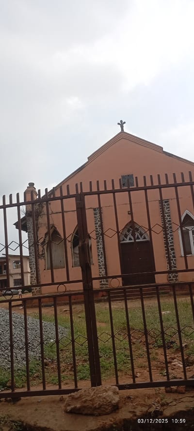 The image displays the exterior of a peach-colored church building, identified as being in Abagana, Nigeria. A dark brown metal fence with vertical bars and diamond-shaped decorative elements occupies the foreground, partially obscuring the church. The church features a gabled roof crowned with a dark cross and sections of dark stone masonry along its facade. Visible architectural details include arched windows, some of which appear to be broken or open, and a central dark brown double door with intricate white tracery above it. To the left of the church, a portion of a lighter-colored, two-story building is discernable. The ground in the immediate foreground and behind the fence consists of dirt with sparse green grass. A pile of gray gravel is present to the left, behind the fence, and a large light-brown rock rests on a concrete edge in the lower-center. The sky is overcast. No people or specific actions are visible. A timestamp of 03/12/2025 10:59 is present in the bottom right corner.