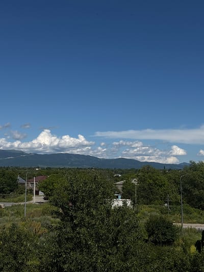 The image depicts a rural landscape with a clear blue sky and scattered white clouds. In the middle ground, there are several houses and trees, suggesting a residential area. The foreground is filled with lush green foliage, obscuring much of the ground. In the distance, a range of mountains forms the horizon. The scene appears to be in a somewhat undeveloped area, possibly on the outskirts of a town or village. The lighting suggests it is daytime, likely late morning or early afternoon, with the sun casting shadows and illuminating the landscape. There are no people visible in the image.