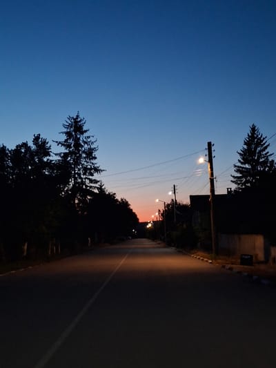 The image depicts an evening street scene in Dragomirovo, Bulgaria. The sky transitions from a deep blue to orange near the horizon. A paved road extends into the distance, illuminated by streetlights. Trees and buildings line the road. Utility poles with power lines are visible. There are no people visible.