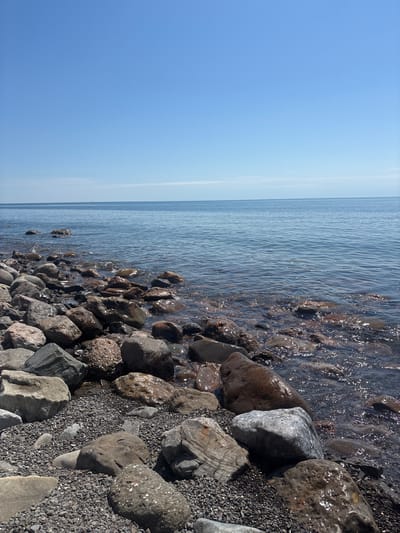 The image shows a shoreline with a rocky beach and clear water under a blue sky. The beach consists of various sizes of rocks and pebbles. The water is calm, reflecting the sunlight. The sky is clear. The location, Semidvorye, Ukraine, is not discernible from the image alone. No people or specific actions are depicted.