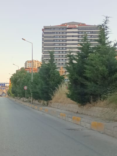 The image depicts a street scene in Kırıkkale, Turkey, dominated by a tall, modern apartment building named "PLATIN TOWER". The tower, which has a light-colored facade with horizontal bands of windows, is situated behind a row of mature evergreen trees and some dry, yellowed grass. The street itself is asphalt, with a curb lined with concrete blocks painted with yellow accents. A streetlamp stands on the left side of the road, and further down the street, other buildings and a traffic control point with gantries are visible. A traffic sign indicating a prohibition of overtaking is present near the evergreen trees. The sky is a pale, overcast gray, suggesting it is either early morning or late afternoon. There are no people clearly visible in the frame.