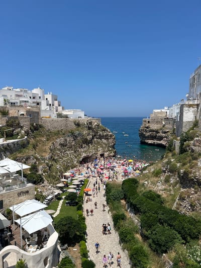 This is an aerial, high-angle shot of a crowded beach in Polignano a Mare, Italy. The beach is situated in a cove between two rocky cliffs topped with white buildings. The water is a clear blue and several small boats are visible. People are sunbathing on the sand, swimming in the sea, and walking along the paved path. Beach umbrellas and lounge chairs are spread across the beach. The architecture of the buildings overlooking the cove is typical of the region, with white stucco exteriors and flat roofs. Greenery, including trees and bushes, grows on the rocky slopes of the cliffs. The sky is clear and blue.