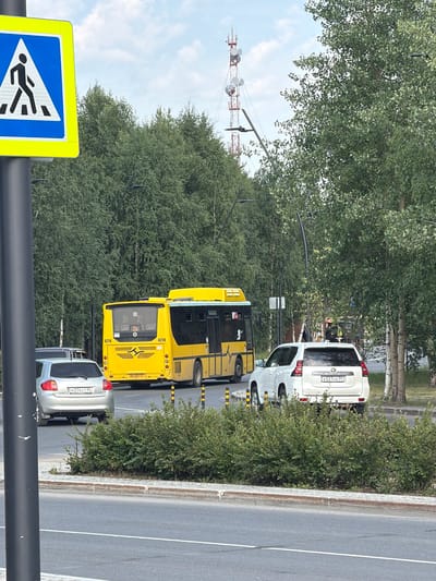A pedestrian crossing sign is visible on the left side of the image, featuring a blue triangle with a white border and a black silhouette of a person walking on a crosswalk. In the background, a yellow bus is stopped at a traffic light, with several cars in front of it. A white SUV is parked on the right side of the road. Tall green trees line the street, and a telecommunications tower can be seen in the distance. The scene appears to be in a city environment, likely Noyabrsk, Russia, given the context. The sky is partly cloudy.