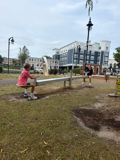A boy and a girl are playing on a seesaw in a park in the town of Riverhead, New York. The boy, wearing a pink t-shirt and shorts, is seated on the left side of the seesaw, while the girl, in a black shirt and shorts, is on the right. They are both looking at each other. The seesaw is made of metal and is situated on a patch of grass. In the background, there are apartment buildings, trees, and a lamppost. A body of water with ducks is visible to the left of the playground. The sky is overcast.