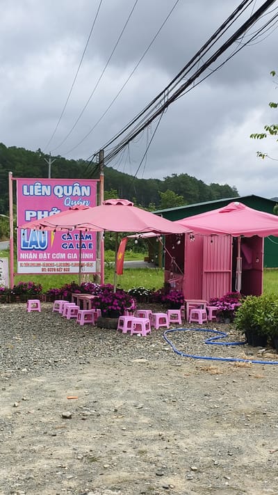The image depicts an outdoor seating area outside a small establishment, likely a food vendor or cafe, in Đưng K'Si, Vietnam. The scene is dominated by vibrant pink elements. Two large pink umbrellas provide shade over a pink structure that appears to be a service counter or small building. Arranged in front of the structure are numerous small, pink plastic stools and some low pink tables.

A prominent pink sign with Vietnamese text is visible to the left, featuring the words "LIÊN QUÂN" and "PHỞ" in large lettering, suggesting it is a business related to pho, a Vietnamese noodle soup. Below this, smaller text reads "LAU" and "CAT TAM GA LA E". Further down the sign, there is an address and a phone number. A small Vietnamese flag, red with a yellow star, is attached to a pole near the pink structure.

The ground is covered with gravel and dirt. Potted plants with abundant dark pink flowers are placed in front of the seating area, adding to the colorful aesthetic. In the background, lush green hills covered in trees rise under an overcast sky. Power lines are strung across the top of the image, and a green corrugated metal building is visible to the right. A blue hose lies on the ground in the foreground. The overall impression is a charming, slightly whimsical outdoor dining space.