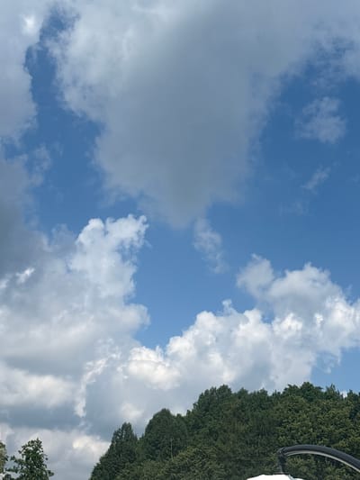 The image captures a view of a partly cloudy sky over a dense line of dark green trees. The clouds are a mix of white and grey, with some areas of bright white suggesting sunlight. The blue sky is visible through the gaps in the clouds. The trees form a thick, uniform canopy across the lower portion of the frame. In the bottom right corner, a portion of a white object with a curved black frame is visible, potentially part of a boat or some outdoor equipment. The setting appears to be a natural or recreational area, possibly near water, given the potential presence of a boat. There are no people or animals depicted in the image. The scene is static and suggests a daytime observation under fair weather conditions with scattered cloud cover. The location is identified as Hradec-Nová Ves, Czechia.