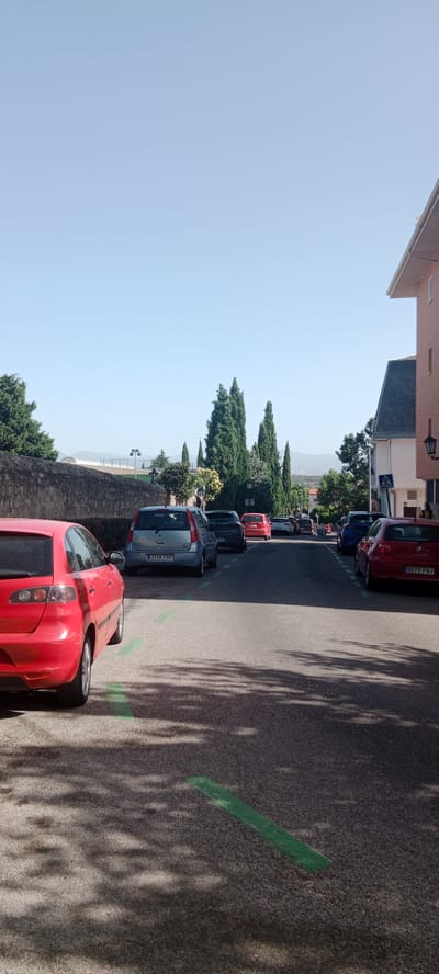 The image depicts a street scene in Galapagar, Spain, under a clear blue sky. Several cars are parked along the asphalt road, which is marked with intermittent green lines, possibly indicating parking spaces or traffic flow. The perspective is from street level, looking down the road.

On the left side of the road, a red hatchback is parked in the foreground, partially shadowed by trees. Behind it, a stone wall runs along the edge of the property. Further down the street, other vehicles are visible, including a silver hatchback with a license plate reading "3146 FSR". Beyond the parked cars, tall, slender evergreen trees line the right side of the road, interspersed with other greenery. Buildings are visible on the right side of the street; one is a brick building with a white section and a dark roof, featuring a lamppost. Another building, further down, is a pale pink brick structure. In the background, distant hills are visible under the bright sky. No people are clearly discernible in the image. The overall atmosphere is one of a quiet, sunny day in a residential or semi-residential area.