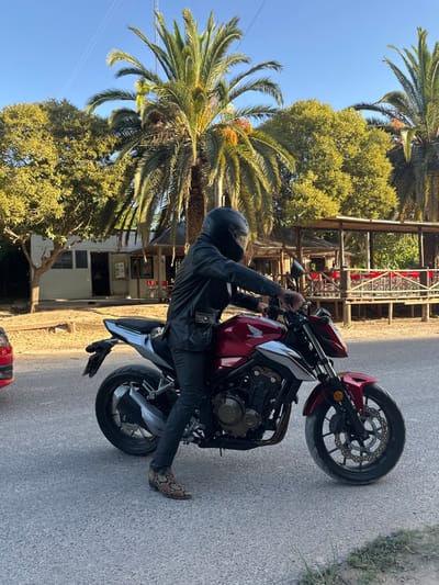 A person wearing a black helmet and leather jacket straddles a red Honda motorcycle on a paved road. Lush green trees and tall palm trees line the roadside. A building with a wooden frame and multiple windows is visible in the background, with a hint of red decor. A red and black object is partially visible at the bottom left corner of the image.