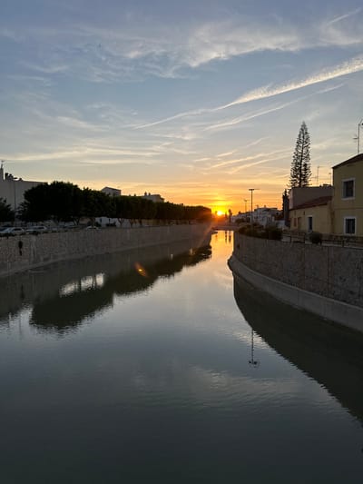 This is an outdoor, angled, long shot capturing a sunset over the Segura River in Rojales, Spain. The river runs horizontally across the frame. A stone embankment lines the right side of the river, with residential buildings visible above. On the left, trees line the riverbank, their reflection visible in the water. The setting sun creates a bright spot on the horizon and reflects on the water's surface. The sky is a blend of blue and orange hues, streaked with contrails.