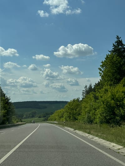 This is a vertical, high-angle shot of a paved road curving to the right, bordered by a grassy verge and a stone retaining wall on the left. Lush green trees form a dense canopy along the left side of the road, with their branches extending into the frame. The sky above is a vibrant blue, dotted with fluffy white cumulus clouds. In the distance, a rolling landscape of green fields and more trees can be seen under the bright sky. The road itself has a white line marking its edge. The lighting suggests it is daytime, likely late morning or early afternoon, with clear, sunny weather. The perspective gives a sense of movement, as if the viewer is driving along the road. There are no visible people or text in the image. The scene evokes a feeling of a pleasant, scenic drive through a rural or semi-rural area.