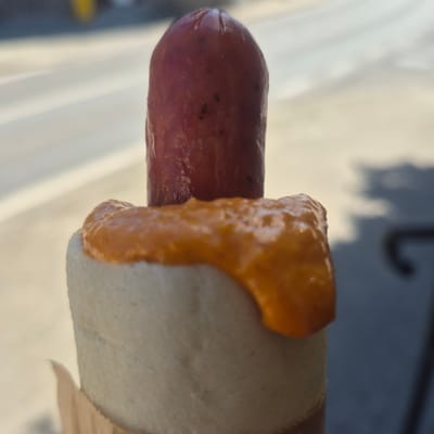 This media file shows a close-up, vertically oriented shot of a hot dog. The hot dog sausage is plump and reddish-brown, with visible speckles of dark seasoning. It is partially enveloped by a white bun, which appears soft and slightly textured. A generous dollop of a thick, orangey-red sauce, possibly chili or a spicy mustard-based condiment, is spread over the top of the bun and onto the sausage.

The background is blurred and consists of diagonal light and shadow patterns, suggesting an outdoor setting. The light appears to be natural, casting distinct shadows, which could indicate it is daytime. The overall scene is simple, focusing entirely on the food item. There is no visible text in the image. The focus is on the texture and color of the hot dog, bun, and sauce, making it an appetizing, yet isolated, depiction of the food.