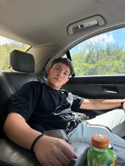 A young man is depicted in a close-up, angled shot, seated in the back of a car during bright daylight hours. He has short, dark hair and a neutral expression, looking directly at the viewer. He is wearing a black t-shirt with white patterns on the sleeves and light grey pants with a black stripe. A black braided bracelet adorns his right wrist.
The car's interior features grey and black leather seats, a grey headliner, a grab handle with an integrated light, and a sunroof. Visible through the car's windows and sunroof are a clear blue sky with some white clouds and vibrant green trees, suggesting a pleasant, sunny day. Beside the man, a green plastic bottle with an orange cap is visible, clearly labeled "Fuze Tea." The overall setting places the subject within a vehicle, potentially traveling or parked in an area with natural surroundings. While the provided context is Blatino, Bulgaria, the image itself does not contain specific geographical markers.
