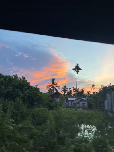 The image captures a serene sunset over a rural scene in Meunasahreudeup, Indonesia. The sky is a canvas of soft blues and vibrant oranges, with streaks of pink illuminating the scattered clouds. In the foreground, lush green vegetation dominates, with a body of water reflecting the sky's colors. Several small, simple houses are nestled amidst the greenery, their wooden structures suggesting a humble, traditional lifestyle. A tall, slender palm tree stands prominently in the mid-ground, its silhouette stark against the colorful sky, accompanied by other coconut and areca palms. The overall impression is one of tranquility and natural beauty, characteristic of a peaceful evening in the Indonesian countryside.
