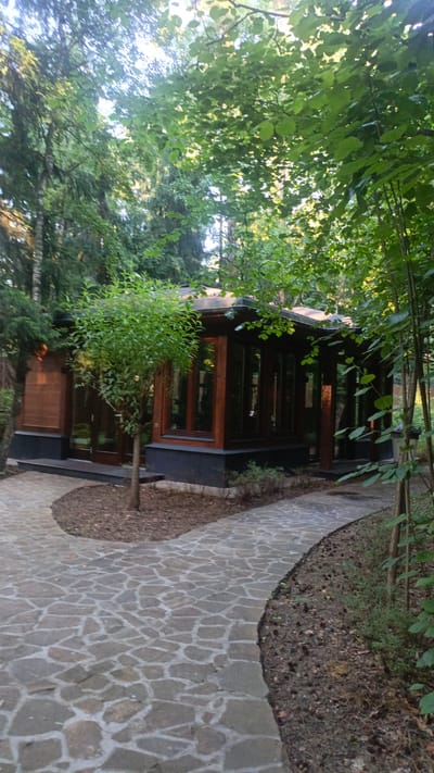 The image depicts a modern wooden building with large windows, nestled amidst a lush, green forest. A winding stone pathway leads towards the building, curving around a small tree in the foreground. The building appears to be a pavilion or a small house, constructed with dark wood and featuring a dark-colored foundation. The surrounding trees are dense, with sunlight filtering through the leaves, suggesting it is daytime, possibly late afternoon due to the warm lighting. The scene evokes a sense of tranquility and seclusion, hinting at a natural retreat or a park setting. The pathway is laid with irregular flat stones, creating a rustic yet elegant approach to the structure. The foliage is rich and varied, with different shades of green indicating a mature forest. The overall impression is one of a peaceful, nature-infused environment. No people are visible in the image. There is no visible text. The location context is Nikolino, Russia.