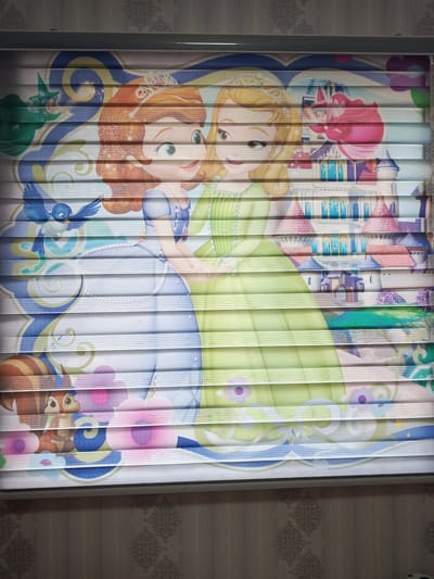 The image displays a close-up view of roller blinds featuring a cartoon illustration of two young girls with blonde and auburn hair, presumably from a children's show, standing in front of a castle. There are also other animated characters, including a bluebird and a squirrel, integrated into the design, along with floral and swirling motifs. The blinds are horizontal, creating a layered effect that partially obscures the image. The background behind the blinds appears to be a wall with patterned wallpaper. The image was captured in the city of Hakkulabad, Uzbekistan, although no specific landmarks or contextual elements of the city are visible in the provided frame.