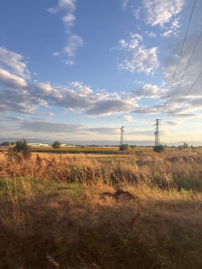 This image depicts a rural landscape under a partially cloudy sky. In the foreground, dry, golden grass and reeds are blurred due to motion, suggesting the photo was taken from a moving vehicle. In the middle ground, a field of sunflowers stretches across the horizon, punctuated by two tall, lattice-like electricity pylons. Beyond the sunflower field, a row of buildings, possibly industrial or commercial, is visible, and in the far distance, a range of hills or mountains forms the backdrop. The sky is a gradient of blue with scattered white and grey clouds, illuminated by what appears to be late afternoon or early morning sunlight. There are no people or animals visible in the frame. The scene is located in the vicinity of Pishtigovo, Bulgaria.