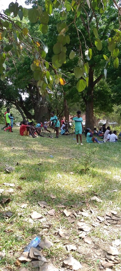 The image depicts an outdoor gathering situated in a park-like environment within Tudor ward, Kenya. The foreground features green grass interspersed with scattered dry leaves and a clear plastic water bottle with a blue label, lying horizontally.
The scene is populated by approximately twenty-five individuals, primarily young adults and adolescents, distributed across the grassy area under the canopy of large, mature trees. Sunlight filters through the dense green foliage, creating dappled illumination on the ground.
On the left side, several young men are observed; one stands wearing a green and yellow top with red shorts, while others are seated on the grass, including one in a red top and red-orange shorts. In the central-right mid-ground, a prominent group of young women is present, several attired in matching light blue/teal athletic tops and shorts, featuring a black stripe design. One woman stands facing left, her right arm extended downwards near two brown folding camp chairs. To her immediate right, another woman in similar athletic wear stands with hands positioned near her head; the number '14' is discernible on her shorts. A third woman in matching attire is seated on the grass to their right. Further into the background, additional individuals are seated or standing under the tree cover. The matching athletic uniforms on some participants indicate involvement in an organized activity or team.