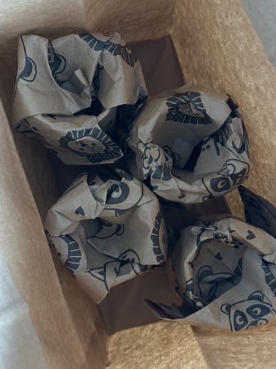 The image presents a close-up, overhead view looking into a light brown paper bag. Inside the bag are multiple crumpled pieces of darker brown paper, which appear to be wrapping paper or tissue paper. These pieces of paper are adorned with a repeating pattern of black, cartoon-style line illustrations.
The visible illustrations include distinct animal faces such as pandas, characterized by their large eyes and dark patches, and lions with their manes. Other less defined animal caricatures and small heart shapes are also scattered throughout the pattern. The paper is heavily creased and folded, creating depth and texture within the bag. The main paper bag itself shows some visible folds and a slightly fibrous texture, characteristic of kraft paper. The background within the bag's deeper sections appears dark brown or grey, indicating shadow or the bag's interior base.
There is no activity or event explicitly taking place; the image captures a static collection of items within the bag. The lighting is soft and diffuse, offering no specific clues about the time of day or outdoor weather. No people are visible, nor are there any discernible emotions conveyed. Aside from the animal and heart patterns, no readable text is present on the paper. While the location context is provided as Kuda, Russia, the image itself does not contain any visual cues specific to this geographical location.
