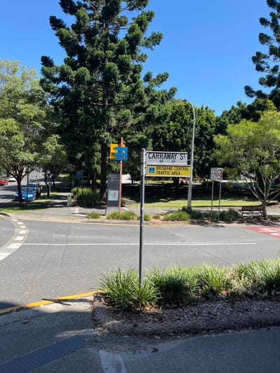 This is an outdoor street scene in Kelvin Grove, Brisbane, Australia, captured on a bright, clear day. The image features a paved road with a solid white line marking its edge and a concrete curb painted with a yellow line. A section of tactile paving is visible on the adjacent footpath. To the immediate right of the road, a strip of vibrant green grass and bushes runs along the curb.
On the left side of the road, a tall street light pole holds several signs. The most prominent is a white street sign with black text reading "CARRAWAY ST" and "48 - 28" below it. Attached beneath this is a yellow sign indicating "BRISBANE CENTRAL TRAFFIC AREA," featuring a "40" speed limit icon and another icon with "0.00". Further down, a round speed limit sign also displays "40". Below the main street sign, a smaller yellow and blue sign features the text "Urban Village". An informational board or notice board is also visible further down the street on the left.
The left side of the scene is dominated by numerous tall, dense green trees with a somewhat feathery appearance, extending upwards towards a clear blue sky. These trees cast shadows, suggesting it is either morning or late afternoon. Further down the street on the left, several blue cars are partially visible parked. No people are visible in the scene, which appears quiet and well-maintained with ample greenery.