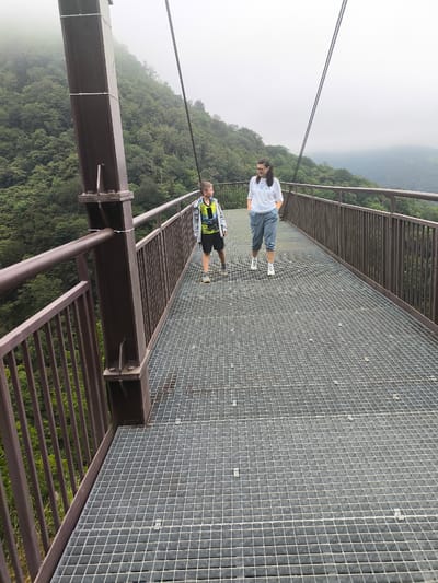 Two people, a young boy and an adult woman, are walking on a metal grate walkway of a suspension bridge. The boy is on the left, wearing a yellow and blue jacket over a black shirt and black shorts. He is looking to his right. The woman is on the right, wearing a white t-shirt and light blue pants. She is looking down and to her left, with her hands in her pockets. The bridge is suspended over a lush, tree-covered valley. The sky is overcast and hazy, with fog obscuring the distant mountains. The bridge has dark brown metal railings and support structures. The walkway is made of interconnected metal grids. The location is in the city of Gaghma Nogha, Georgia.