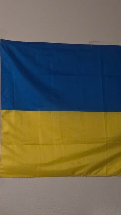 The image displays the flag of Ukraine hanging on a textured, light-colored wall. The flag is horizontally divided into two equal bands: the top band is blue, and the bottom band is yellow. The flag is not taut, showing some natural folds and creases due to its hanging position. The lighting in the scene is soft, casting subtle shadows on the flag's surface. The background wall appears to be a standard interior wall, possibly in a residential or public space. There is no visible context that would associate this image with a specific location in Vlaardingen, Netherlands.