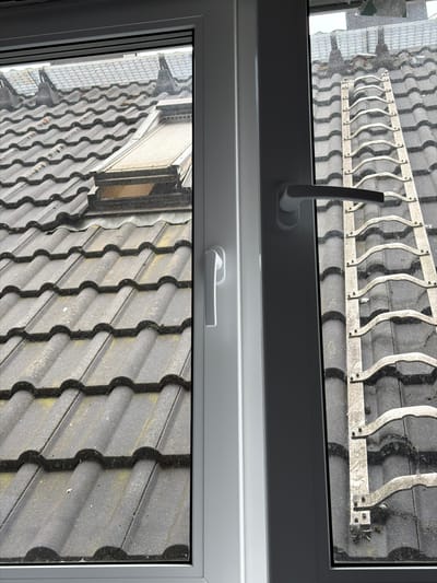 The image shows a view from an interior window looking out at a tiled roof. The roof appears to be old and covered in dust and some moss. There is a skylight visible on the left side of the roof, and a metal ladder, possibly a snow guard or climbing aid, runs vertically up the roof on the right side. The window frame is white, and a white handle is visible on the right side of the window. The scene is likely residential. The image's metadata indicates the location is Witten, Germany, likely a house in the city.