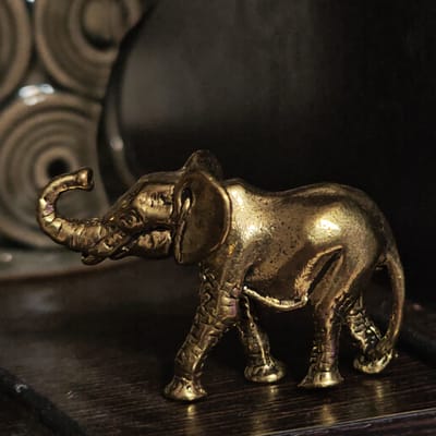 A golden elephant figurine stands on a dark wooden surface. Behind the elephant, out of focus, is a black spherical object and a textured surface with circular patterns. The location is unknown; the assertion of Ketoshi, Russia, is not verifiable from the visual data.