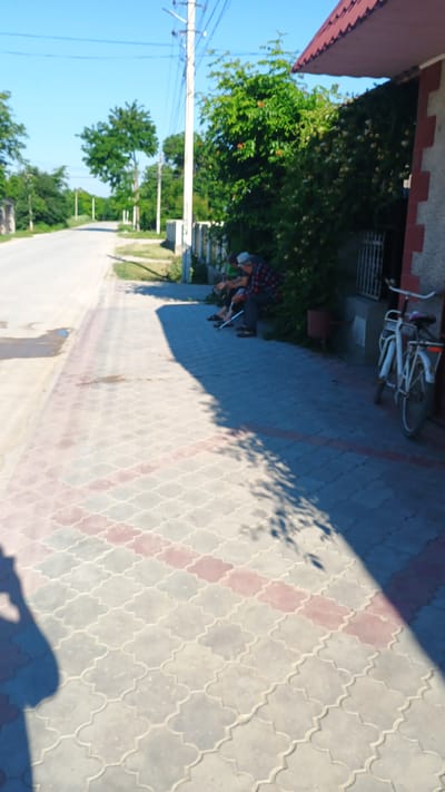 The image depicts a street scene in Mitoc, Moldova, under a clear blue sky. A paved sidewalk runs along the right side of a two-lane asphalt road. Two elderly men are seated on a low wall or bench along the edge of the sidewalk, partially obscured by foliage. The man on the left wears a green shirt and is partially visible. The man on the right is wearing a red and blue plaid shirt and a light-colored hat, and is holding a walking stick. A white bicycle with a pink seat is parked near the building on the right. The building appears to be a house with a red tiled roof. The sidewalk is made of interlocking concrete pavers with a decorative pattern of red and gray tiles. The road extends into the distance, lined with trees and vegetation. Shadows from trees and possibly a person are cast across the sidewalk.