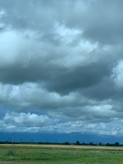 The image depicts a rural landscape under a dramatic sky in the vicinity of Курапольскі сельскі Савет, Belarus. The foreground is dominated by a field of green grass, transitioning to a dry, golden field of crops further back. A single wooden utility pole stands prominently on the left side of the frame. In the middle ground, a treeline separates the fields from the horizon, beyond which are several clusters of tall electrical pylons. The sky is filled with heavy, dark gray storm clouds, interspersed with patches of lighter, illuminated clouds, creating a sense of impending weather. The overall impression is one of a vast, open agricultural area under a turbulent sky. There are no people or animals visible in the image.