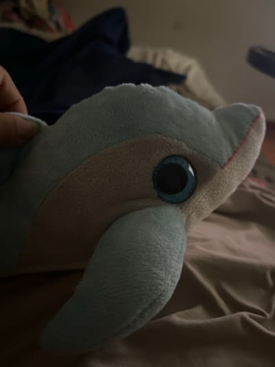 The image displays a close-up of a plush toy, likely an animal resembling a bird or a dinosaur, held by a human hand. The toy is made of soft, fuzzy material, primarily light blue with a beige or light brown stripe across its head and body. A prominent feature is its large, glossy, dark blue eye, which reflects a small highlight, giving it a lively appearance. A human hand, with light skin tone, is visible in the lower left, gently supporting the toy.
The setting appears to be indoors, with the background softly blurred. Various fabrics and textures are discernible in the background: a draped, light brown or beige cloth, possibly clothing or a blanket, is seen behind the toy, and a darker, navy blue fabric is visible further to the left. The lighting is somewhat dim, suggesting an indoor environment without direct bright light. No specific activity beyond holding the toy is depicted. There are no visible location cues or text, and emotions are neutral, focusing on the object itself. The location context of San Luis, Peru, is not visually supported by any elements within the frame.