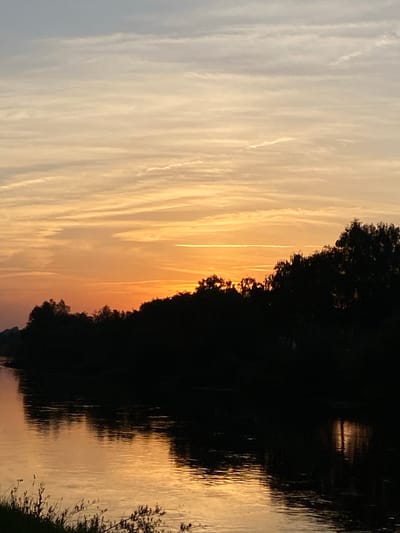 This media file depicts a sunset over a body of water, likely a river, in Rinteln, Germany. The image is oriented vertically.
The scene is dominated by the sky, which displays a gradient of colors from pale yellow at the top to a warm orange and pink closer to the horizon. Wispy clouds streak across the sky, some appearing as contrails from aircraft. Silhouetted against the colorful sky is a dense line of trees that forms the bank of the body of water. The trees are a deep black, obscuring any details of their species or the landscape behind them.
The water itself reflects the colors of the sky, creating shimmering patterns of light and dark. A bright reflection of the setting sun, or perhaps the sky itself, is visible on the water's surface. The foreground shows a sliver of land on the right side with some sparse vegetation and grass.
The time of day is clearly sunset, indicated by the warm, low-angled light and the colors in the sky and its reflection. The weather appears clear, with only scattered clouds. The overall mood is serene and peaceful, typical of a sunset scene. There is no visible text in the media file.