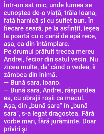 The image contains Romanian text in white against a purple background. The text describes a story about a girl named Ioana and a boy named Andrei. It tells of a mutual attraction that grows from simple greetings. There are no people or objects depicted in the image itself. The location of Benešov nad Ploučnicí, Czechia is not mentioned or depicted.