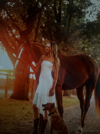 The image portrays an outdoor scene with one adult female, one horse, and one dog. The environment is consistent with a rural or semi-rural property, such as a stable or ranch, located within Rocklin, United States; however, no specific landmarks are present to identify the exact location.
The female subject is positioned centrally, facing right with her head turned towards the horse, exhibiting long, wavy blonde hair. She wears a strapless white dress featuring an asymmetrical hemline with lace elements, and dark cowboy boots. Her left hand is placed on the neck of a dark brown horse, which stands to her right, facing left. The horse possesses a white blaze on its face, white markings on its lower legs, and is fitted with a dark bridle. A medium-sized, short-haired dog, brown with darker spots, sits on the dirt ground in front of the woman, facing right, wearing a dark collar.
The background is densely wooded with tall trees. Warm, golden sunlight filters through the foliage from the left, creating a soft glow and visible lens flares. A wooden fence structure is partially discernible in the left middle ground, behind the horse. The ground is unpaved earth. The lighting conditions indicate either early morning or late afternoon.