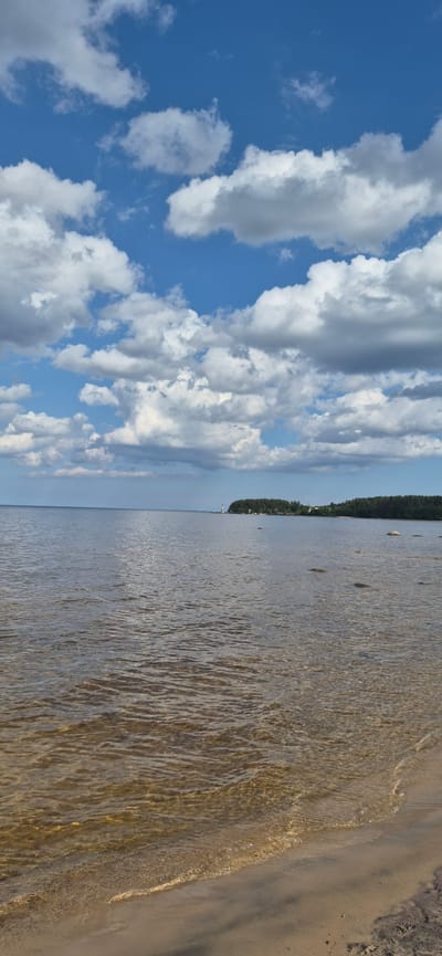 The image depicts a natural landscape of a lake or sea under a partly cloudy sky. The foreground shows a sandy shore with shallow, clear water lapping at the edge. The water is slightly murky, revealing the sandy bottom. In the mid-ground, the water stretches out to the horizon, meeting a distant tree-lined shore. On this distant shore, a white lighthouse is visible to the left, and a line of trees forms a dense green band against the sky. The sky is a vibrant blue with scattered white and gray cumulus clouds, some of which cast shadows on the water. The overall scene conveys a sense of tranquility and natural beauty. The location is identified as Motornoe, Russia.