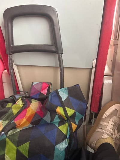 In the interior of a mode of transportation, likely a train or bus, a person's feet are visible wearing light-colored sneakers and light yellow socks. The person is seated, with their legs crossed, and dark fabric is draped over their lap. To the left, a colorful shopping bag with a geometric pattern of triangles in shades of blue, green, pink, and orange is placed on the floor. The bag is resting against the leg of a dark gray rolling suitcase, the handle of which is visible at the top of the frame. The seats in the background are upholstered in light beige and red fabric. The scene is captured from a close-up perspective, focusing on the personal belongings of the traveler. No specific landmarks or indicators of the city of Uralsk, Kazakhstan are present in the image.