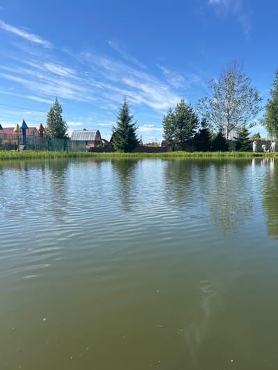 The media file depicts a serene waterscape under a bright blue sky with wispy white clouds. The scene is a reflection of a green, grassy bank lined with trees and several small buildings. A wooden fence runs along the edge of the bank. In the foreground, the calm water exhibits gentle ripples, reflecting the sky and the terrestrial elements. The water appears slightly murky and a pale green color.
On the bank, several structures are visible, including what looks like a greenhouse or a shed with a metal roof, and a more traditional building with a brick facade and a gabled roof. Behind these, more trees can be seen, some evergreen and others deciduous. To the left of the frame, a children's playground with colorful structures is partially visible. In the far distance, on the water's surface, faint reflections suggest the presence of people, though they are indistinct.
The lighting suggests it is daytime, likely a sunny day given the clear blue sky and bright reflections on the water. The overall atmosphere is peaceful and tranquil. The location context, "Слава Снт, Russia," indicates the setting is likely a garden community or dacha area in Russia. There is no visible text in the image. The image is oriented sideways.