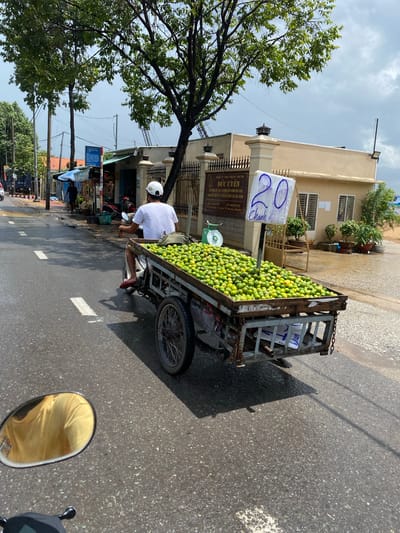 The image depicts a man on a motorcycle with a large cart filled with green citrus fruits, presumably limes, on a street in Biên Hòa, Vietnam. The cart has a sign that says "20 Chanh", likely indicating the price per quantity of limes. The man is wearing a white shirt and helmet. A building sign is visible at the back of the cart, it reads "CÔNG TY TNHH TM&DV VẬN TẢI ĐỨC UYÊN" (Duc Uyen Transportation Services Company Limited) and lists construction-related services along with a phone number "ĐT: 0648.977979". The street is paved, and the scene is set against a backdrop of buildings and trees under a partly cloudy sky. The view is from another moving vehicle with a golden mirror visible.