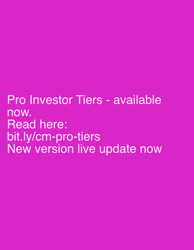 The image displays white text on a solid, vibrant magenta background. No people, objects, or specific scene elements are visible. The primary subject is the informational text, which announces the availability of "Pro Investor Tiers." The text reads: "Pro Investor Tiers - available now." It then directs the viewer to "Read here:" and provides a shortened URL: "bit.ly/cm-pro-tiers." The final line of text states: "New version live update now." The text is left-aligned and appears in a clean, sans-serif font. The graphic serves as a direct announcement or advertisement.