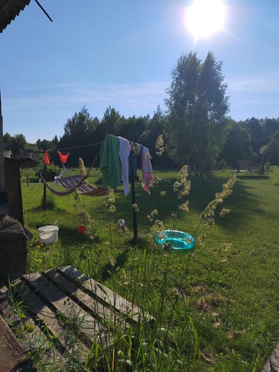 A bright, sunny outdoor scene in Бярэзінскі сельскі Савет, Belarus, depicts a rural backyard area. A clothesline is strung between two poles, adorned with several colorful towels and fabrics drying in the sun, including a green towel and a striped towel. Below the clothesline, a striped hammock is suspended between two posts. On the ground, near a white bucket with a tap, is a red bucket. In the middle ground, a small, inflatable blue pool is visible on the grass. The background is filled with lush green trees forming a dense treeline. The sun shines brightly in the upper right corner of the frame, casting a warm glow over the entire scene. Tall grass and weeds are prominent in the foreground, partially obscuring the lower portion of the image. A wooden structure, possibly part of a shed or outbuilding, is partially visible on the left.