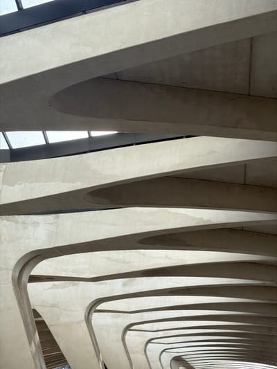 The image depicts the interior architectural structure of the Lyon-Saint Exupéry Airport TGV Station, located in Colombier-Saugnieu, France. The scene focuses on a series of parallel, undulating, light-toned concrete or similar material structural beams that form a complex, ribbed ceiling and upper wall design. These beams exhibit a repetitive, wave-like curvature, creating a deep perspective as they recede into the distance. Natural light enters from unseen overhead sources, casting distinct shadows that emphasize the three-dimensional forms and curves of the structural elements. The surfaces of the beams appear smooth but show minor textural variations and subtle discolorations. No individuals or specific actions are present in the frame.