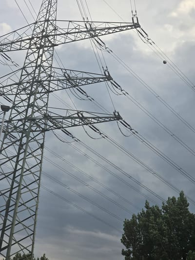 This is a medium-shot, outdoor, eye-level, vertical photograph of a large metal electricity pylon against a cloudy sky. The pylon is on the left side of the frame, with its metallic structure dominating the left half of the image. Several thick electrical wires extend from the pylon across the frame, disappearing into the distance. A small, spherical object, possibly a ball, is visible hanging from one of the wires in the upper right quadrant of the image. In the lower right corner of the frame, a portion of a large, green tree is visible. The sky is filled with dark, overcast clouds, suggesting a gloomy or impending weather event. The photograph appears to have been taken in Flörsheim, Germany, based on the context provided. There are no people visible in the image.
