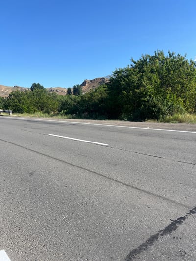 A bright, clear sky looms over a roadside scene. An asphalt road, marked with a white line, stretches across the foreground, with patches of dark fluid and tire marks visible on its surface. Beyond the road, a strip of green grass and foliage gives way to a dense line of trees. In the distance, rugged hills with rocky, light-colored slopes rise against the horizon. The scene appears to be located along a road in the vicinity of Malishka, Armenia.