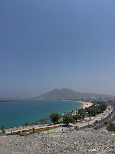 This image presents an elevated, wide-angle view of the coastal city of Khor Fakkan, United Arab Emirates, overlooking a bay and surrounding landscape under a clear, pale blue sky.
The top half of the frame is dominated by the sky, showing a gradual increase in atmospheric haze towards the horizon. Below this, a large body of calm, turquoise-blue water occupies the central-left portion of the image. In the far left, a major port facility is visible, equipped with several prominent yellow-orange gantry cranes and multiple cargo ships docked at the quays.
Curving along the coastline in the midground is a long, sandy beach. Several small white boats are moored near the shore or pulled onto the sand. Parallel to the beach, a paved promenade features a distinctive reddish running track. Scattered palm trees and other green foliage line this promenade, separating it from the water and an adjacent multi-lane asphalt road.
The road, which appears to be a coastal highway or corniche, runs through the mid-right section of the image. Multiple vehicles, including passenger cars and at least one white truck, are observable in motion on its lanes. Streetlights are regularly spaced along the roadside. Beyond the road, the urban area of Khor Fakkan expands, characterized by numerous multi-story buildings.
In the background, a range of arid, rocky mountains rise, partially obscured by the same atmospheric haze affecting the distant port. The immediate foreground consists of a steep, rocky, and gravel-covered slope, indicating the elevated vantage point from which the photograph was captured. A few indistinct human figures are visible on the beach and promenade, engaged in unidentifiable activities due to their small scale and distance.