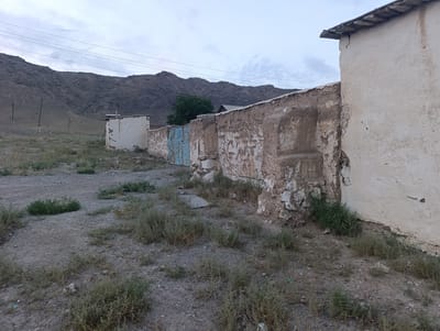 A weathered, off-white building with a dilapidated roof and crumbling plaster stands prominently on the right side of the image. Adjacent to it, a long, rough-textured wall extends to the left, also showing signs of decay with exposed stones and patches of peeling plaster. Sections of this wall appear to have been repaired with rough-hewn stones, and there is a segment with faded, light blue metal doors or gates embedded in it. In the background, a barren, rocky mountain range dominates the horizon, with power lines and wooden poles crisscrossing the sky. The ground in the foreground is a mixture of gravel and dry dirt, sparsely covered with low-lying, dry vegetation and weeds. The overall impression is one of a remote, arid location, likely in a rural or undeveloped area of Zarafshan City, Uzbekistan, given the dry climate and mountain backdrop. No people are visible in the scene, and the focus is on the structures and the natural environment.