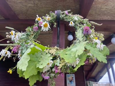 This media file shows a wreath made of wild flowers and oak leaves, suspended from a wooden structure. The wreath is full of various blooms, including daisies, clover, and smaller white and yellow flowers, interspersed with greenery. Large, green oak leaves are prominent on the lower half of the wreath.
The wreath is hanging outdoors, likely under a porch or eaves, as indicated by the wooden ceiling and supports visible in the background. A light bulb fixture is visible hanging from the ceiling, suggesting an outdoor living area or barn. In the background, a framed picture of a person carrying a bundle of hay is visible on a wooden wall. The lighting suggests it is daytime, with natural light filtering in from the side. The overall impression is of a rustic, natural setting, possibly a rural home or a traditional gathering place in Latvia. The wreath itself evokes a sense of nature, summer, and potentially folk traditions.