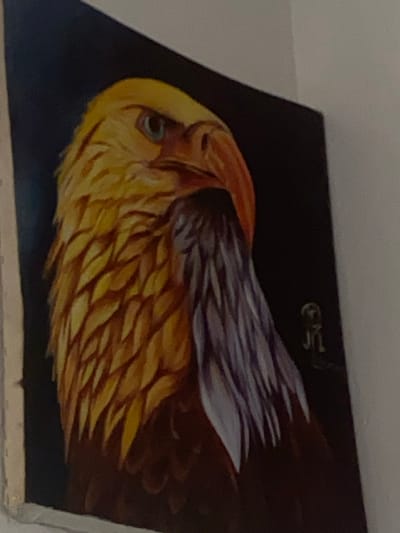 This image presents an angled, close-up view of a painting depicting an eagle. The eagle's head and upper torso are central, rendered with golden-yellow feathers on the head, an orange-brown beak, and a distinct blue-green eye. Feathers on the neck transition from light gray-white to dark brown. The painting features a solid black background, with a set of stylized initials or a signature, possibly "JTL", visible in the lower right section of the black area. The artwork is bordered by a light-colored frame or stretcher bar on its left side and is situated against a light-colored, possibly white, wall. The scene is located in Amaokpala, Nigeria.